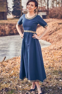 Middeleeuwse Jurk Ennlin met Korte Mouwen Blauw