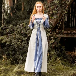 Middeleeuwse jurk met vetersluiting blauw-naturel