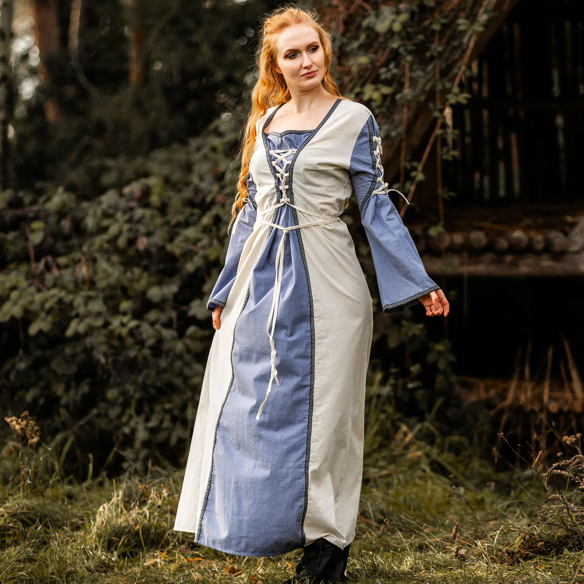 Middeleeuwse jurk met vetersluiting blauw-naturel