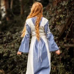 Middeleeuwse jurk met vetersluiting blauw-naturel