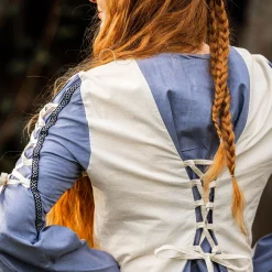 Middeleeuwse jurk met vetersluiting blauw-naturel