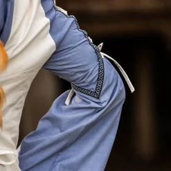 Middeleeuwse jurk met vetersluiting blauw-naturel