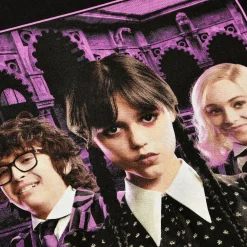 Wednesday met Enid en Eugene Collage T-Shirt zwart